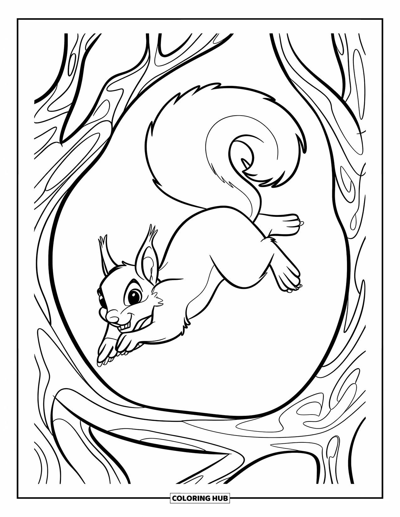 Squirrel Coloring Page for Kids: A squirrel leaps through arched branches with its tail flowing behind it