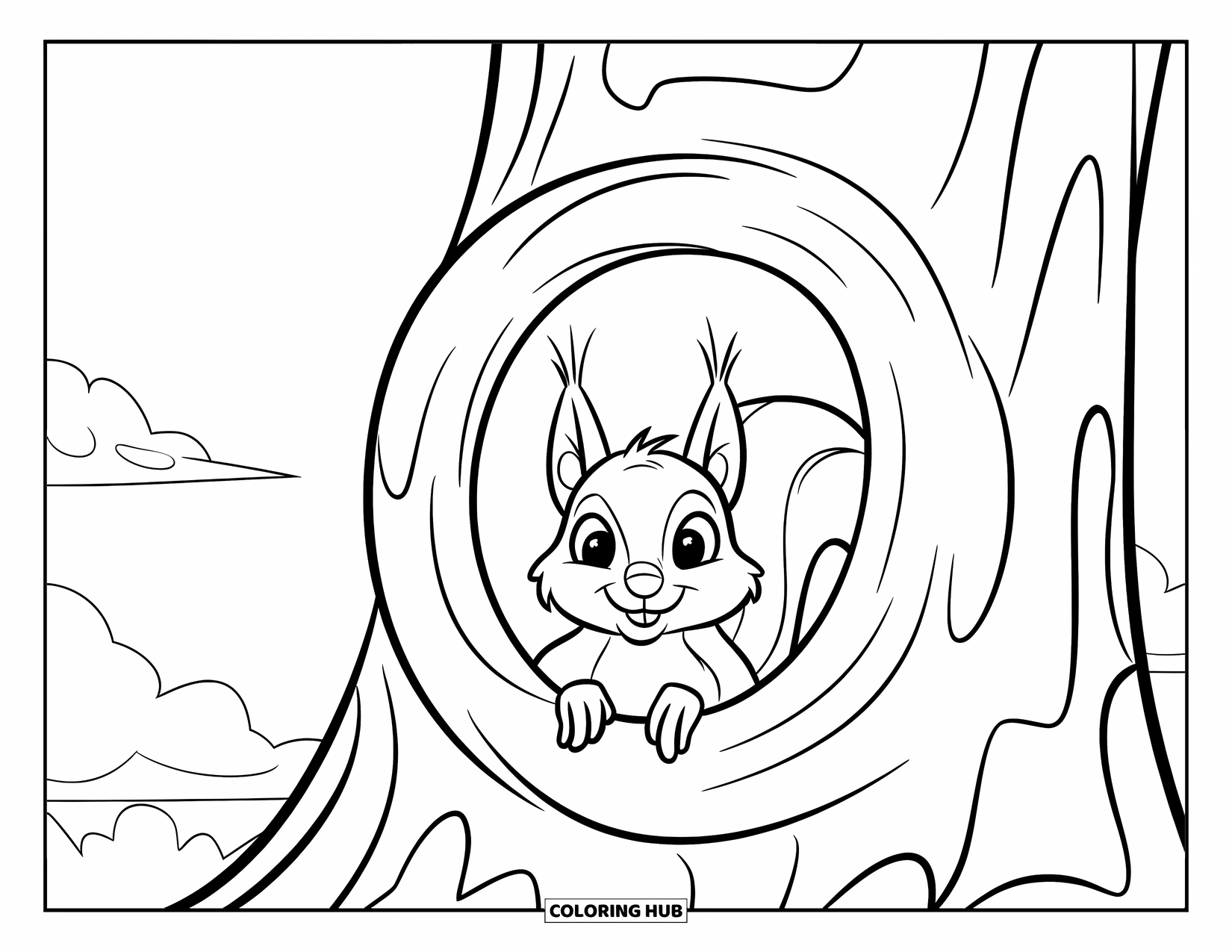 Squirrel Coloring Page for Kids: A squirrel peeks from a round tree hole under a sky with soft clouds