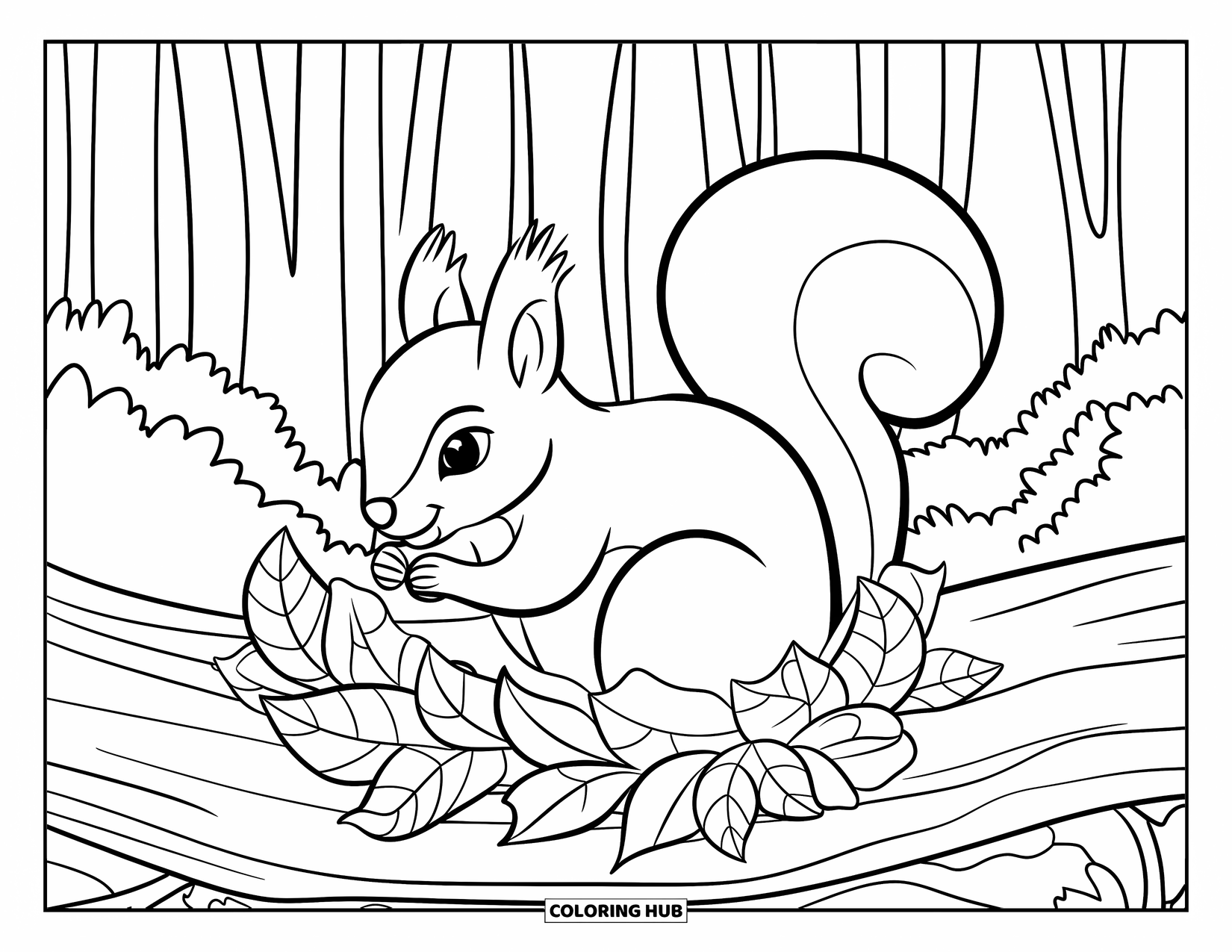 Squirrel Coloring Page for Kids: A squirrel rests on a log, nestled in autumn leaves beneath tall forest trees