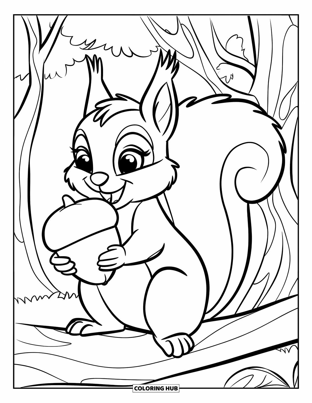 Squirrel Coloring Page for Kids: A squirrel with a wide tail holds a large acorn while sitting on a branch