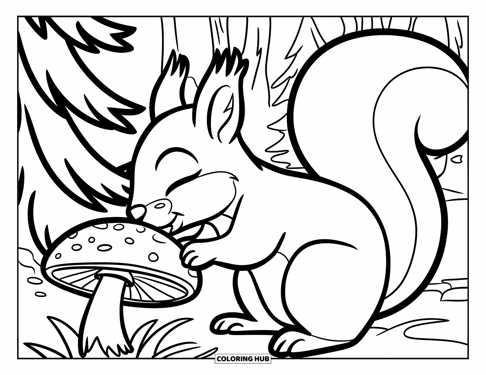 Squirrel Coloring Page for Kids: A squirrel with closed eyes focuses on a mushroom in a peaceful forest