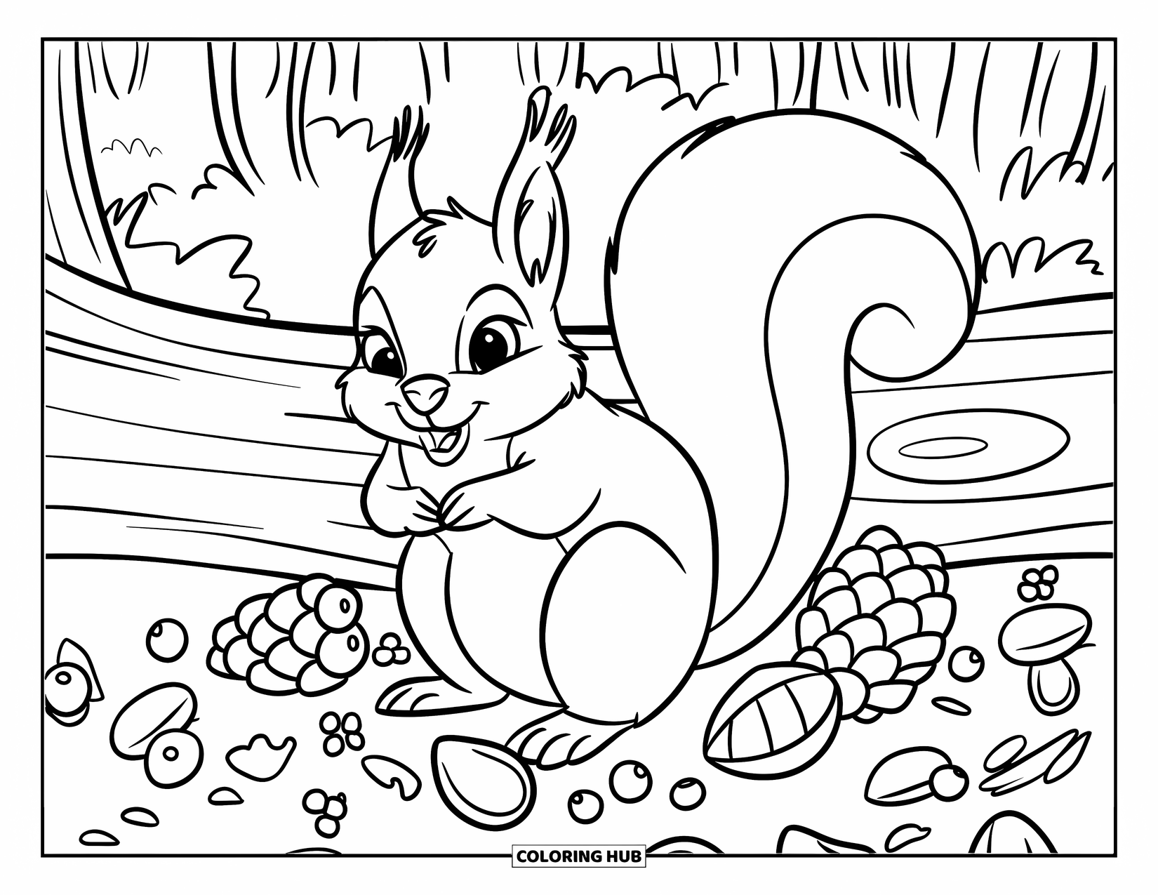 Squirrel Coloring Page for Kids: A squirrel with wide eyes sits on a log surrounded by forest treats