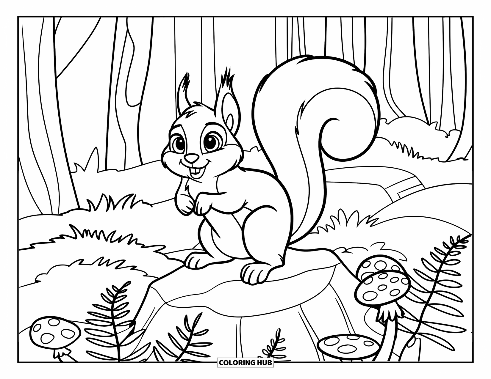 Squirrel Coloring Page for Kids: A squirrel with wide eyes wraps its tail around a rock in a tall forest