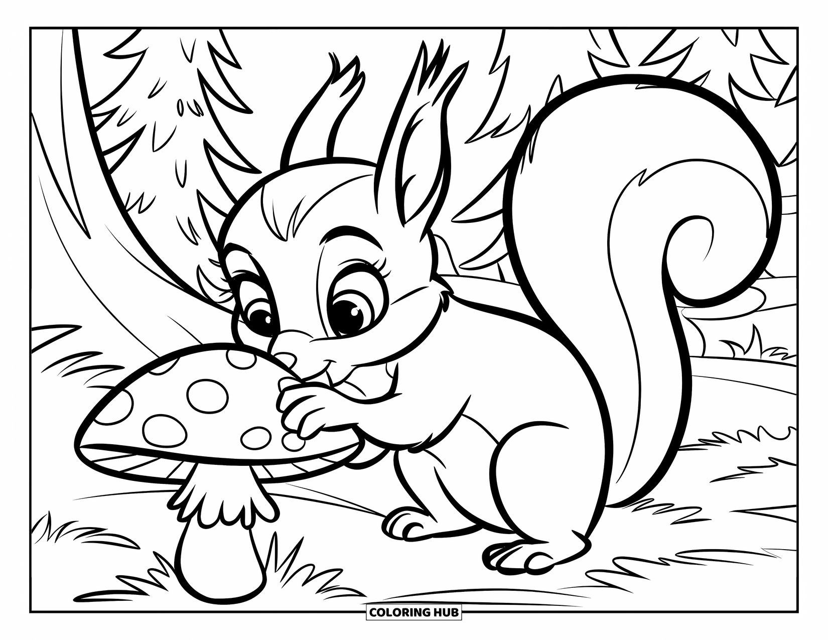 Squirrel Coloring Page for Kids: A wide-eyed squirrel in a hat sniffs a mushroom under towering pine trees