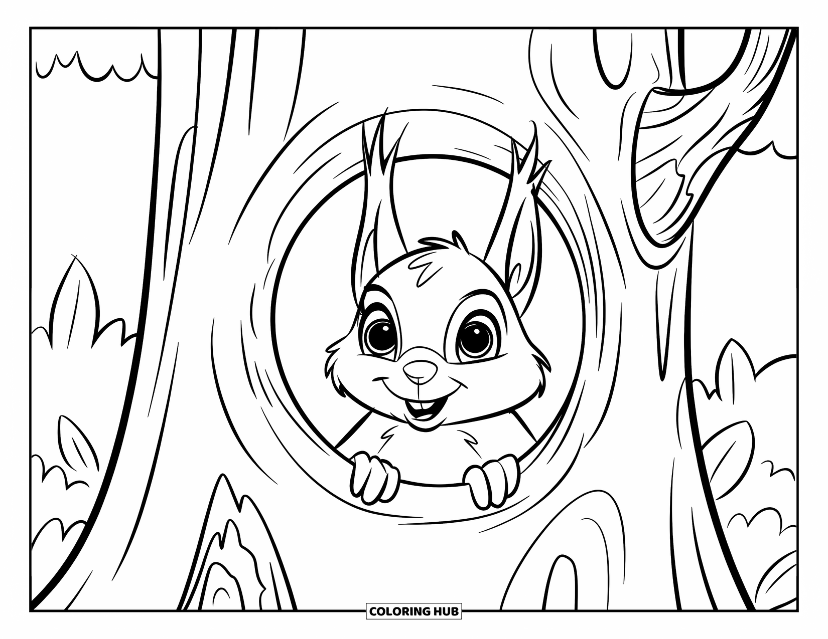 Squirrel Coloring Page for Kids: A wide-eyed squirrel peeks from a tree hole with branches and leaves around