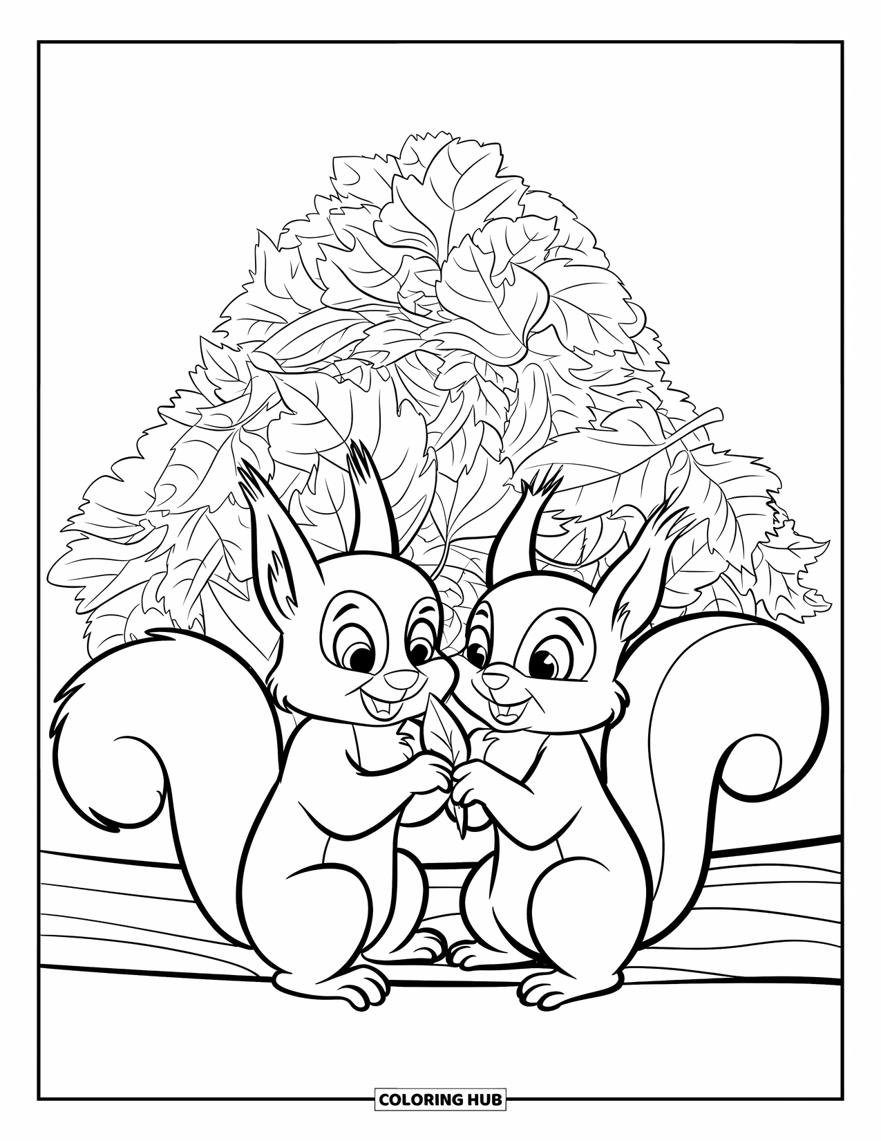 Squirrel Coloring Page for Kids: Two squirrels on a log play with leaves scattered around the forest