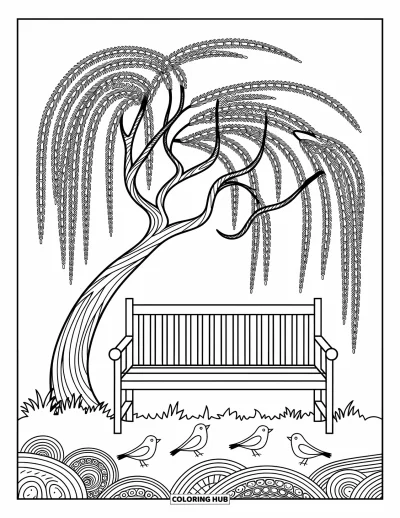 Coloriage anti-stress pour adultes : Un banc repose sous un saule pendant que des oiseaux se perchent parmi des feuilles et des lianes détaillées