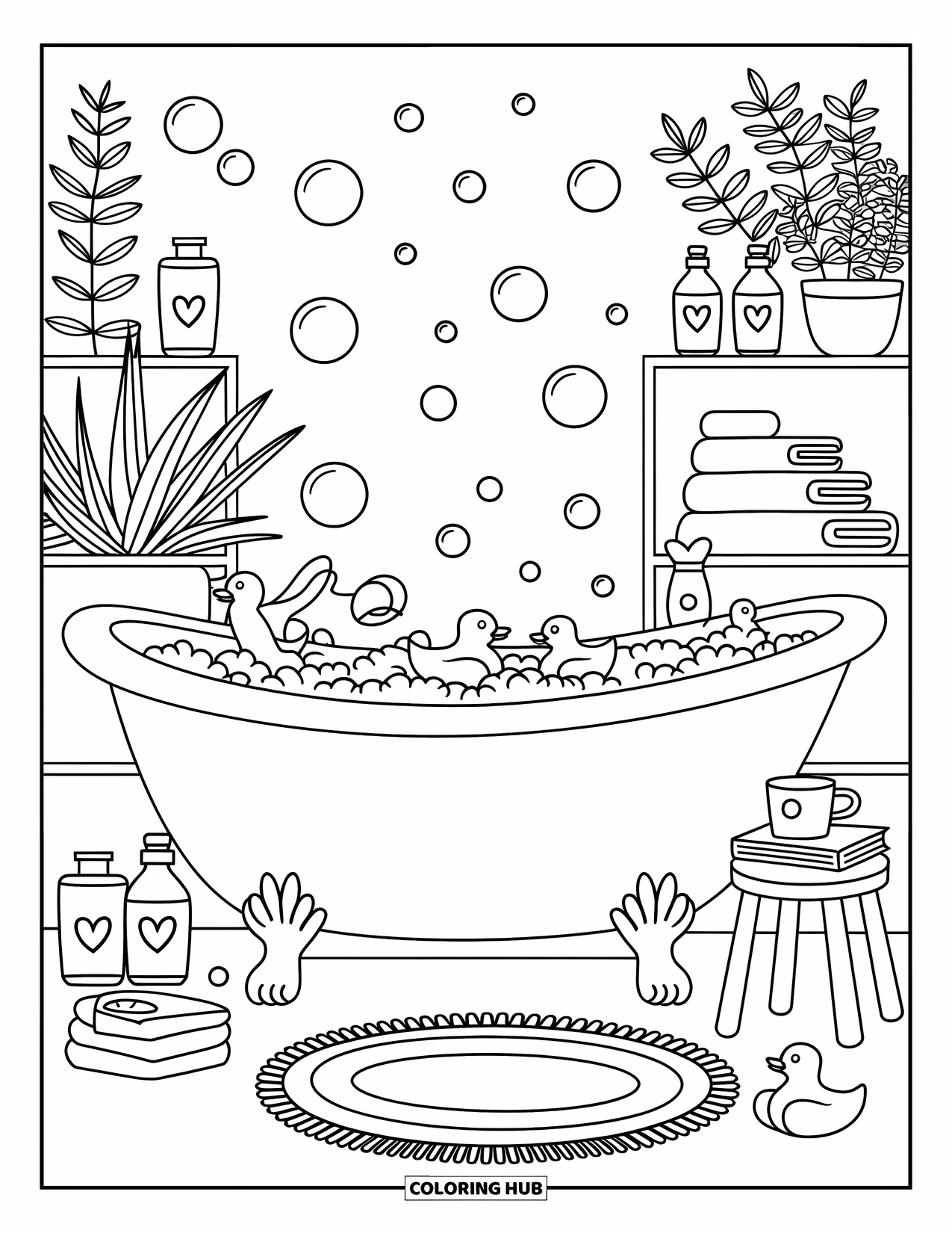 Stress Relief Coloring Page for Adults: A bubbly bathtub scene with leafy plants, ducks, and heart-shaped bottles