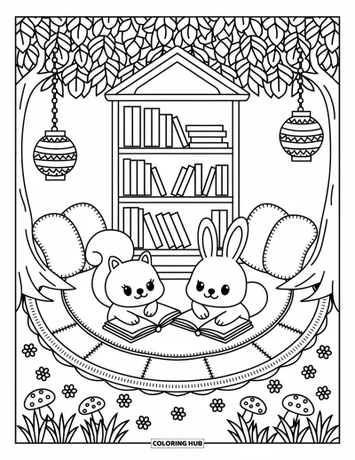 Coloriage anti-stress pour adultes : Un lapin et un écureuil lisent dans un recoin forestier avec des lanternes et des champignons