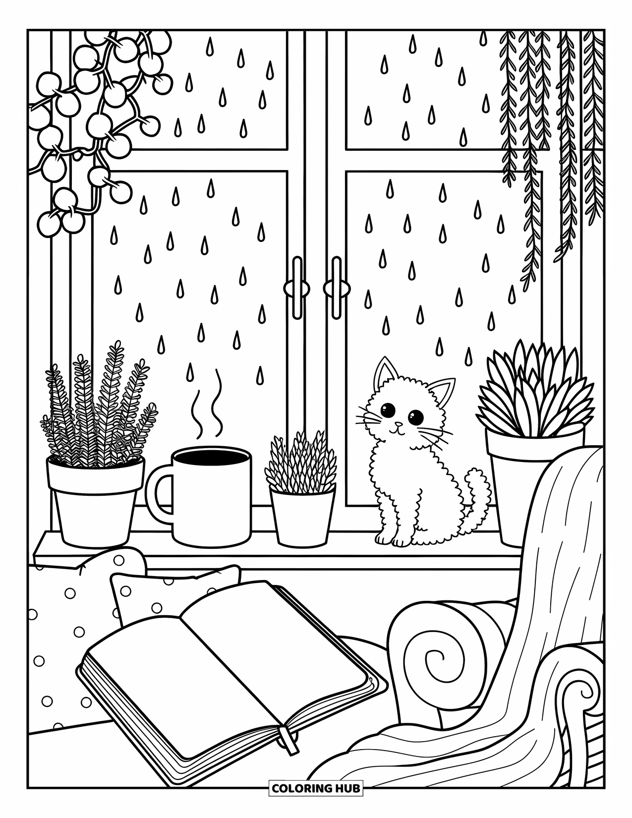 Stress Relief Coloring Page for Adults: A cat watches raindrops by the window beside plants, pillows, and a steaming mug