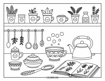 Coloriage anti-stress pour adultes : Une cuisine chaleureuse remplie de petits pots d'herbes aromatiques, d'une bouilloire fumante et d'un livre de recettes ouvert