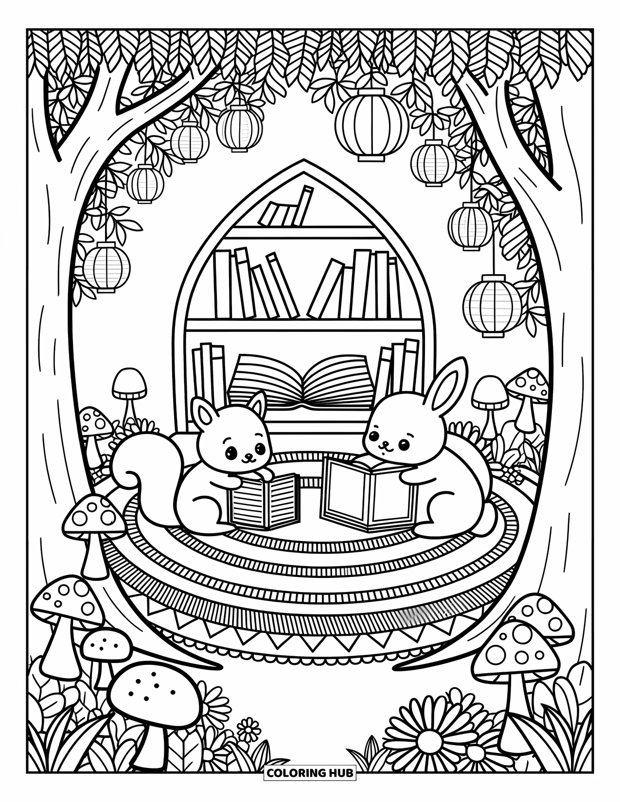Stress Relief Coloring Page for Adults: A cozy tree nook with animals, cushions, lanterns, and a mini library