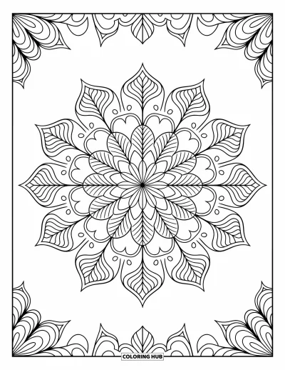 Coloriage anti-stress pour adultes : Un mandala délicat s'épanouit en motifs en forme de pétales, parfait pour une coloration méditative