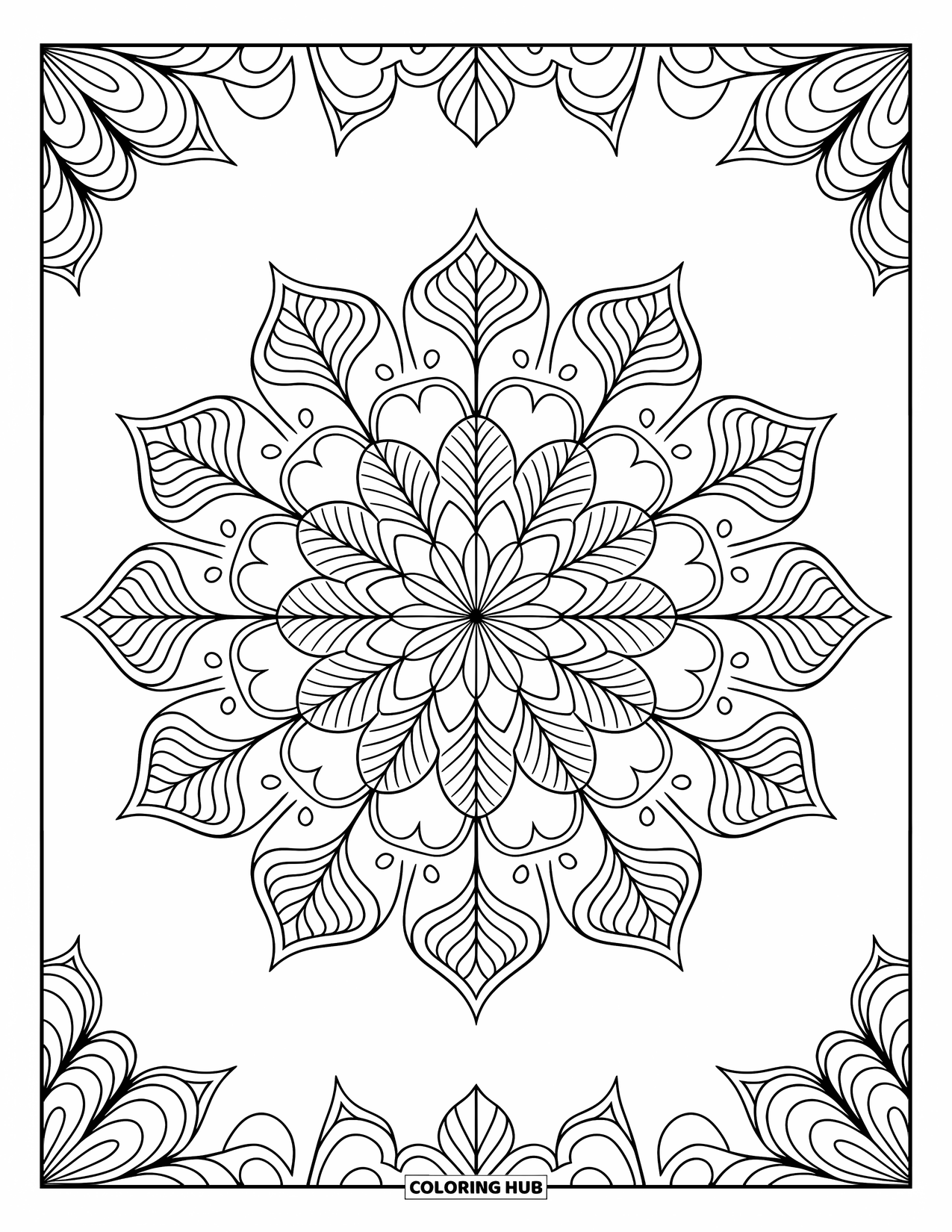 Stress Relief Coloring Page for Adults: A delicate mandala unfurls in petal-like designs, perfect for mindful coloring