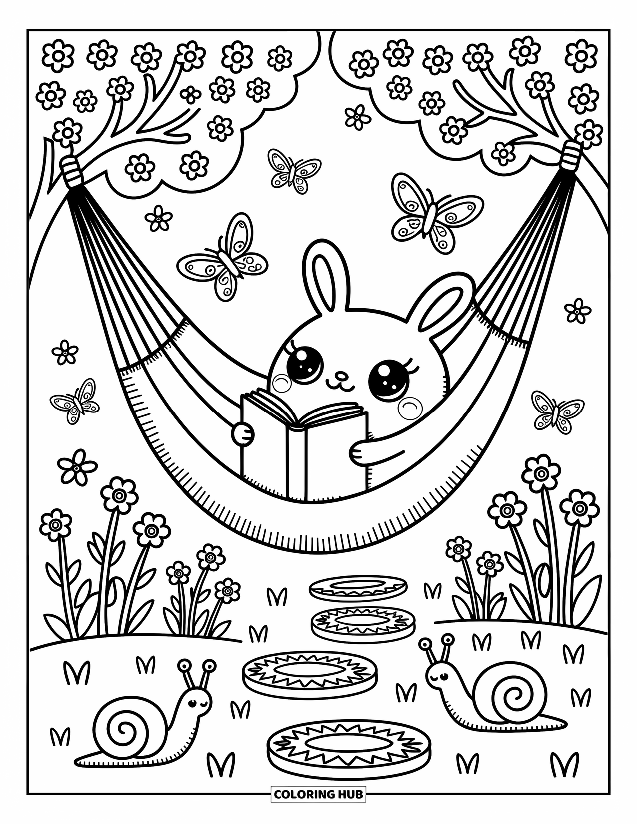 Stress Relief Coloring Page for Adults: A dreamy garden scene with a hammock, sleepy creature, snails, and playful butterflies