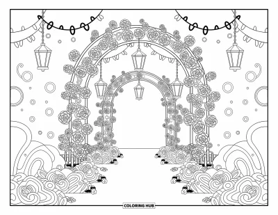 Coloriage anti-stress pour adultes : Une arche de jardin fleurie avec des roses grimpantes et des lanternes, encadrée de motifs floraux complexes