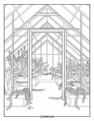 Coloriage anti-stress pour adultes : Une serre en verre regorge de plantes feuillues, de lianes douces et de motifs décoratifs complexes