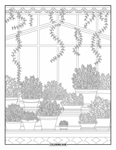 Coloriage anti-stress pour adultes : Une serre déborde de plantes en pot, de lianes sinueuses et de panneaux décoratifs délicats