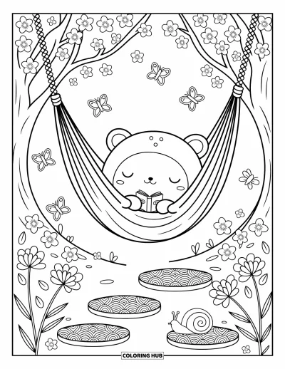 Coloriage anti-stress pour adultes : Un hamac se balance entre les arbres pendant qu'une créature somnolente câline un livre, entourée de papillons