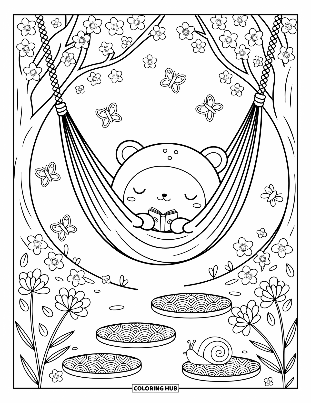 Stress Relief Coloring Page for Adults: A hammock sways between trees as a sleepy creature cuddles a book, surrounded by butterflies