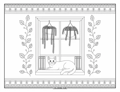 Coloriage anti-stress pour adultes : Un chat allongé se repose près d'une fenêtre ornée de plantes suspendues et de livres à motifs