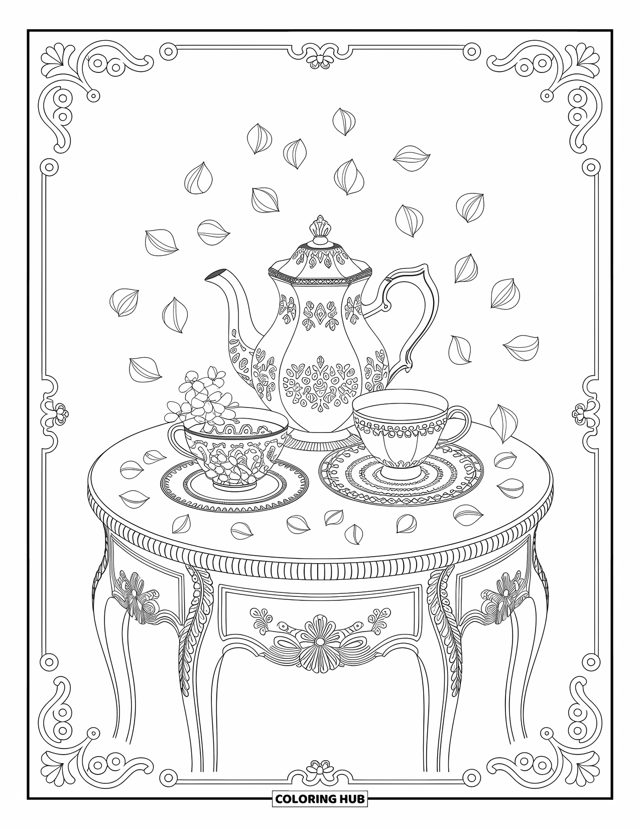 Stress Relief Coloring Page for Adults: A patterned tea set rests on a vintage table, surrounded by soft flower petals