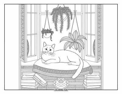 Coloriage anti-stress pour adultes : Un chat paisible se prélasse près de plantes suspendues et de livres encadrés de motifs répétitifs