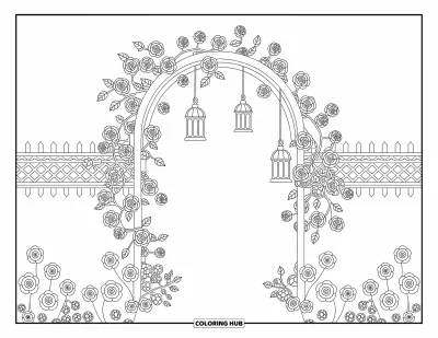 Coloriage anti-stress pour adultes : Une arche couverte de roses avec des lanternes se dresse au milieu de motifs détaillés et relaxants