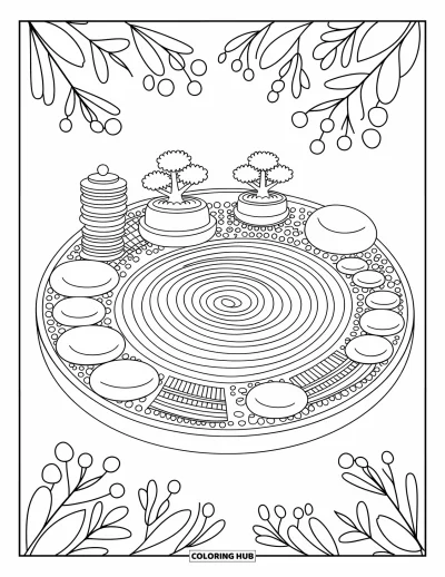 Coloriage anti-stress pour adultes : Un jardin en miniature avec du sable aux spirales ratissées, des pierres empilées et des bonsaïs sereins