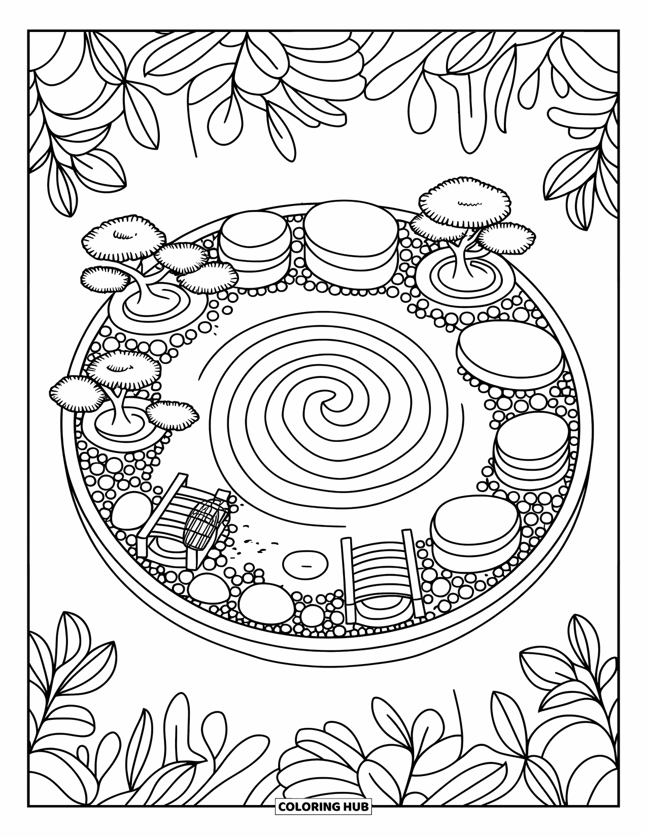 Stress Relief Coloring Page for Adults: A tiny raked sand garden with pebbles, bonsai trees, and a glowing lantern