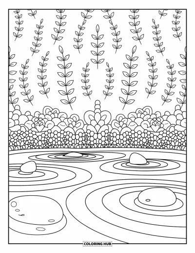 Coloriage anti-stress pour adultes : Un jardin zen tranquille avec du sable aux spirales, des pierres et des bordures florales apaisantes