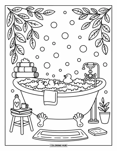 Coloriage anti-stress pour adultes : Une baignoire déborde de jouets et de bulles, entourée de serviettes douillettes et de plantes verdoyantes