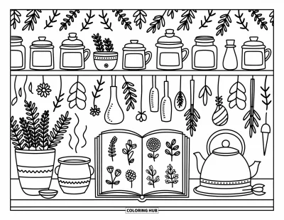 Coloriage anti-stress pour adultes : Une cuisine chaleureuse avec des tasses à thé, des herbes, de la vapeur et un livre rempli d'illustrations botaniques