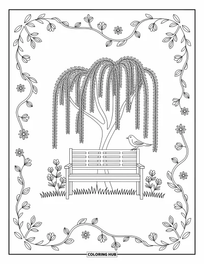 Coloriage anti-stress pour adultes : Des oiseaux se reposent près d'un banc ombragé par un saule avec des motifs floraux tourbillonnants en arrière-plan