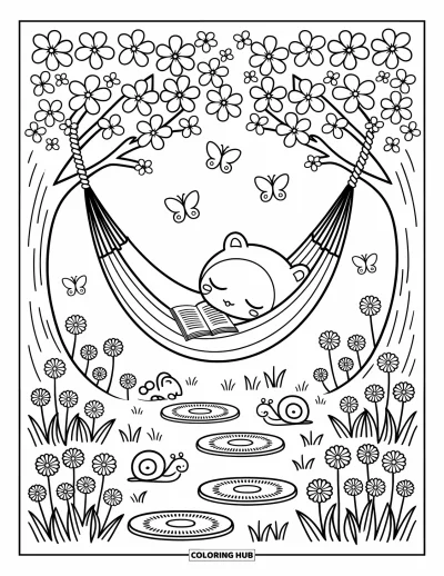 Coloriage anti-stress pour adultes : Des papillons voltigent pendant qu'un hamac douillet accueille un lecteur rêveur sous des arbres en fleurs