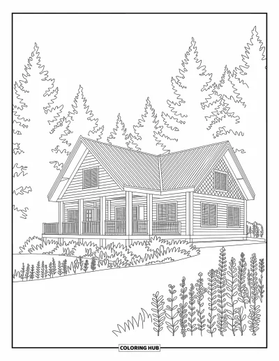 Coloriage anti-stress pour adultes : Une cabane dans les bois se dresse parmi des fleurs sauvages détaillées et des motifs de grands pins
