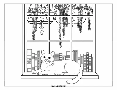 Coloriage anti-stress pour adultes : Un chat se détend près d'une fenêtre garnie de livres, de lianes et de délicates bordures feuillues