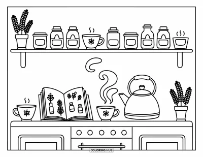 Coloriage anti-stress pour adultes : Des bocaux de camomille et de lavande ornent des étagères de cuisine douillettes près de tasses à thé et d'une bouilloire fumante