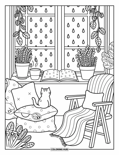 Coloriage anti-stress pour adultes : Un chat détendu regarde dehors depuis un rebord de fenêtre avec du thé, des dessins et des oreillers