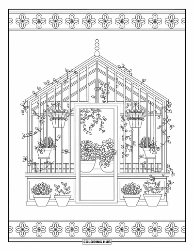 Coloriage anti-stress pour adultes : Des lianes pendantes et des plantes luxuriantes remplissent une serre encadrée de motifs floraux décoratifs