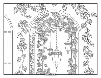 Coloriage anti-stress pour adultes : Des lanternes pendent d'une arche couverte de roses dans une scène de jardin richement ornée