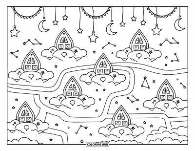 Coloriage anti-stress pour adultes : Des maisons en forme de lune brillent sur des nuages moelleux sous des étoiles scintillantes et des chemins sinueux