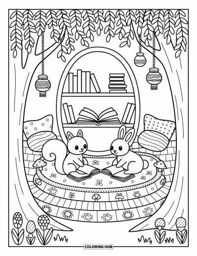 Coloriage anti-stress pour adultes : Des tapis patchwork et des livres d'histoires décorent un recoin forestier où des animaux se câlinent et lisent