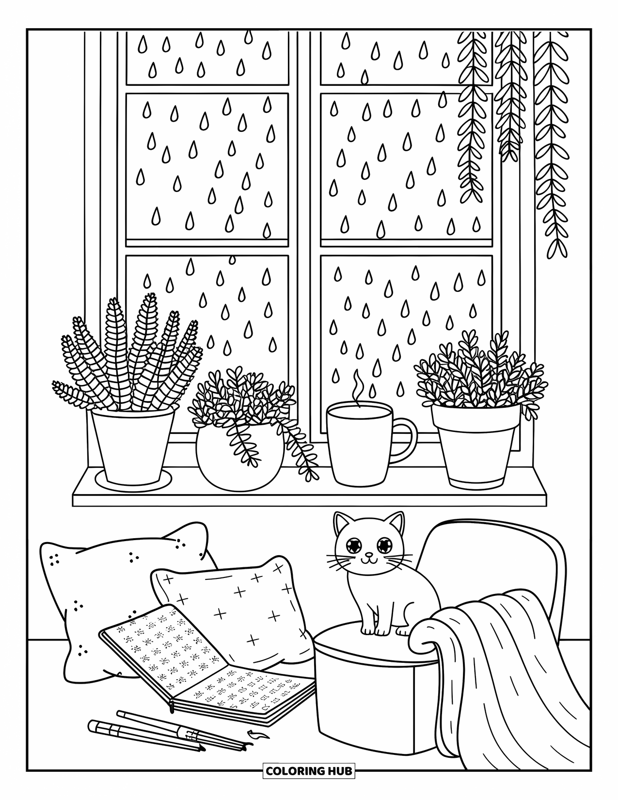 Stress Relief Coloring Page for Adults: Raindrops fall while a cat sits by plants and warm blankets in a cozy nook