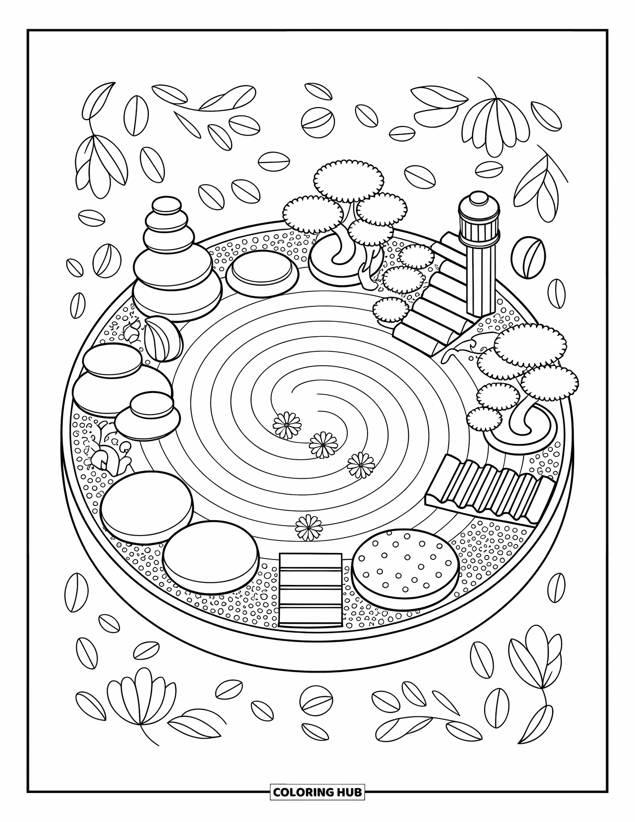 Stress Relief Coloring Page for Adults: Sand spirals and bonsai trees create a peaceful garden with bridges and lanterns