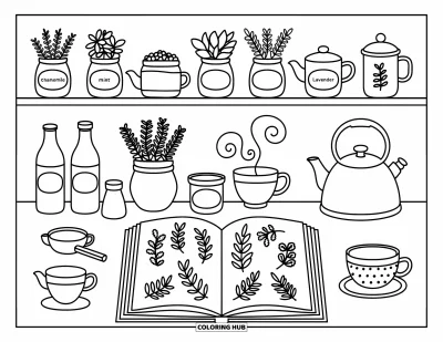 Coloriage anti-stress pour adultes : De la vapeur tourbillonne au-dessus d'une bouilloire dans une cuisine remplie d'herbes et de motifs botaniques