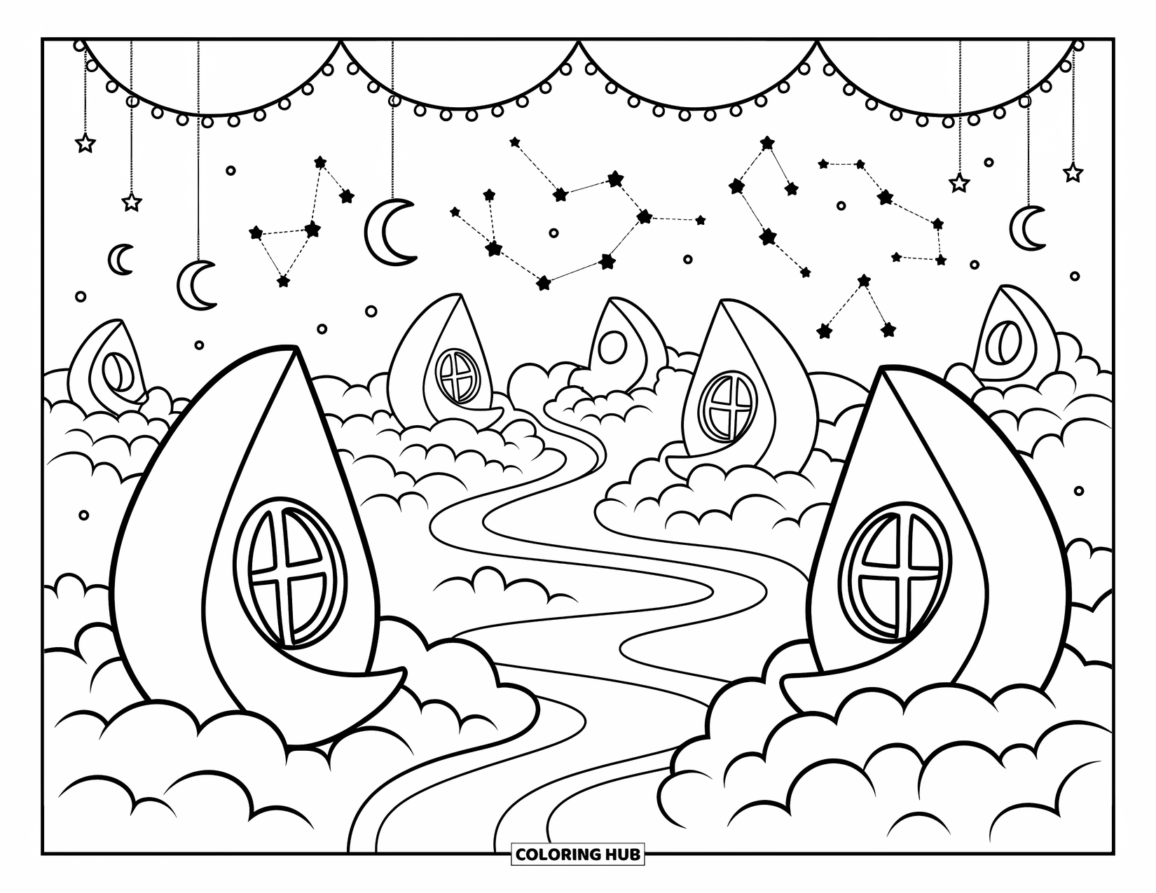 Stress Relief Coloring Page for Adults: Tiny moon and star houses rest on cloud hills with glowing windows and starry paths