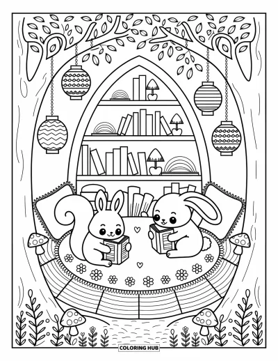 Coloriage anti-stress pour adultes : Deux amis des bois lisent sur un tapis sous des arbres, des étagères et des lanternes suspendues