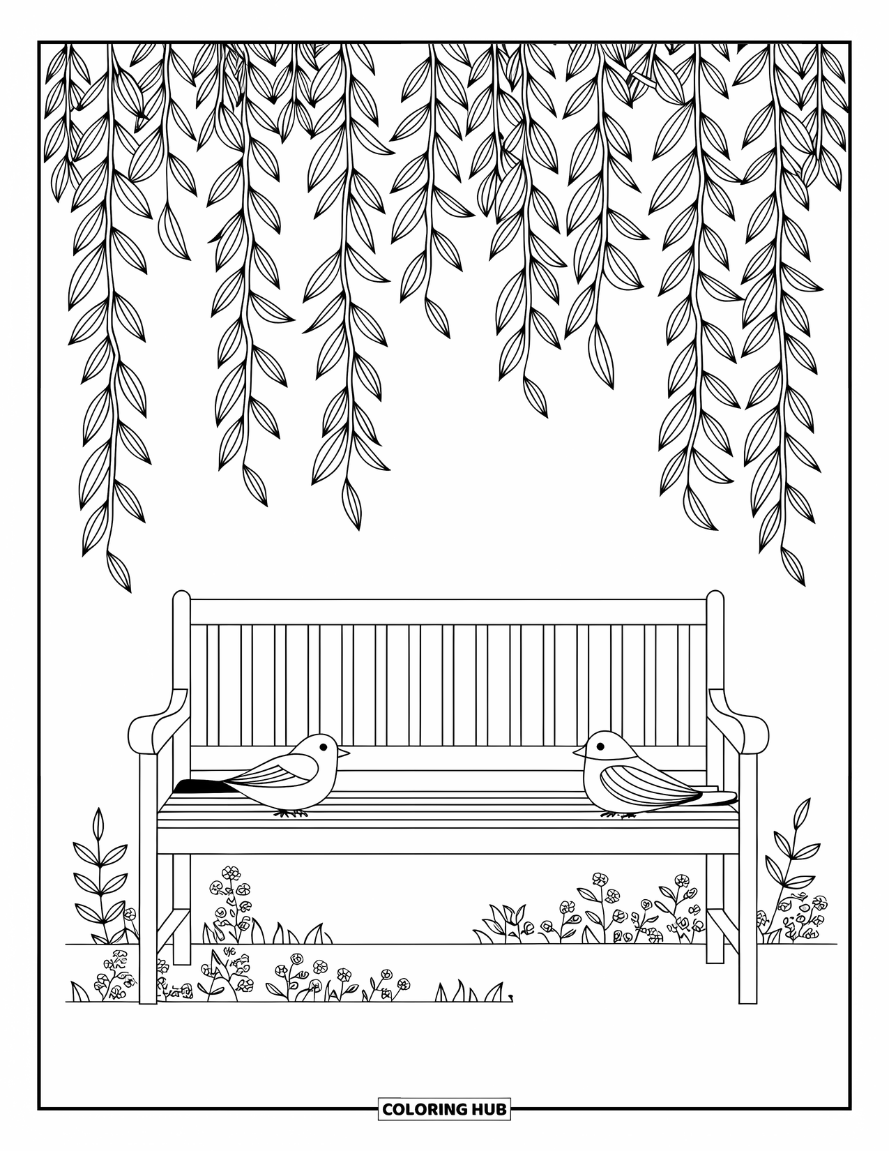 Stress Relief Coloring Page for Adults: Willow leaves frame a quiet bench with perched birds and delicate border patterns