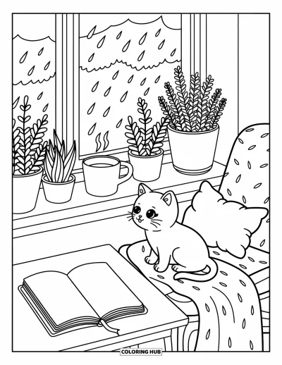 Coloriage anti-stress pour adultes : Scène de rebord de fenêtre avec du thé, des plantes et un chat qui profite de la pluie qui tombe